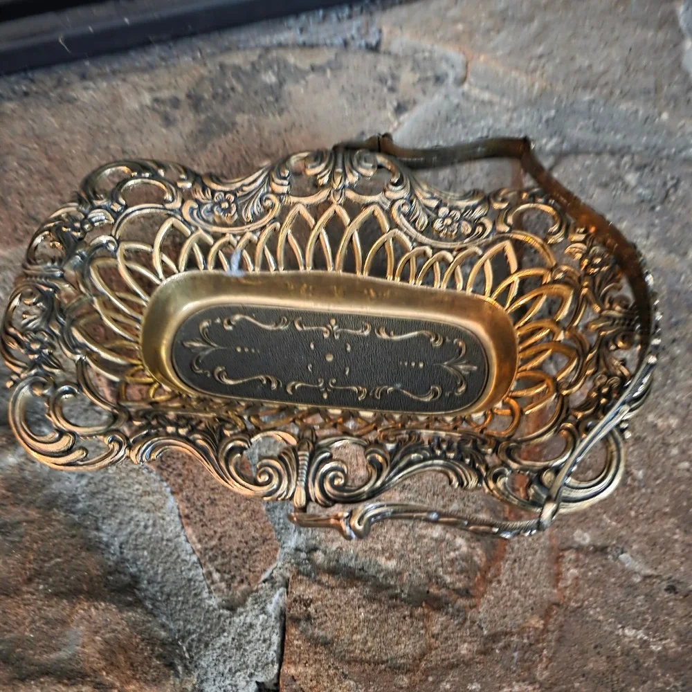 Vintage Italian Brass Bridal Bread Basket Vanity Tray 1950s Pierced Gold tone